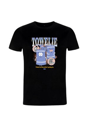 Maglietta nera con personaggi di asciugamani in stile cartone animato, la parola "TOWELIE" e il testo "Non ho idea di cosa sta succedendo" da South Park.