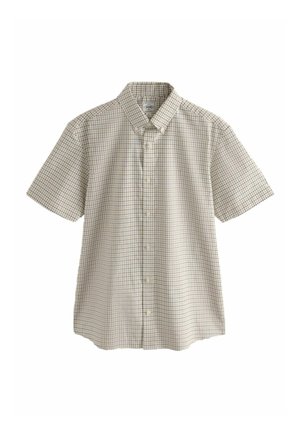 Beige kurzärmeliges Hemd mit Knöpfen, kariertem Muster und Knopfkragen.