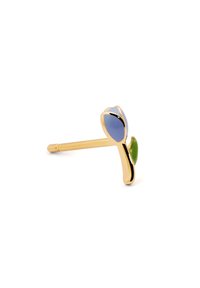 Anello a forma di fiore in tonalità oro con petalo blu e accento di foglia verde. Finitura metallica liscia, design elegante e estetica moderna.