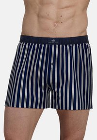 Men's navy blue boxer shorts with white vertical stripes, elastic waistband, and a single button fly. Made from lightweight cotton fabric.
