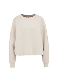 Felpa corta di un beige chiaro, realizzata in materiale morbido. Presenta un collo rotondo e maniche lunghe, leggermente arricciate, con polsini a coste.