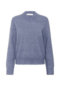 Pull en laine bleu doux à col en V, manches longues avec poignets et bord-côte, présenté sur fond blanc.