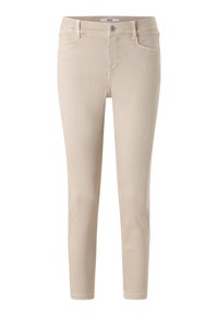 Jeans ajustados beige con una textura suave, diseño de cinco Bolsillos y cierre frontal con botón. Las piernas son estrechas y se ajustan en el tobillo.