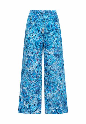 Pantaloni a gamba larga con stampa di ali di farfalla blu e vita regolabile con coulisse con estremità perlate.