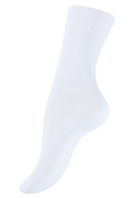 White cotton sock with a seamless design, smooth texture, and a ribbed cuff. Features a standard sock shape with a rounded toe.