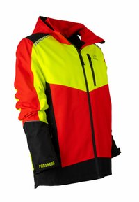 Giacca dai colori vivaci con sezioni giallo neon, rosso e nero. Ha una chiusura a zip completa, cappuccio e una tasca con chiusura a zip.