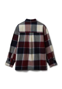 Camicia flanella a maniche lunghe con grande motivo a quadri in bordeaux, navy, grigio e crema, mostrata da dietro.