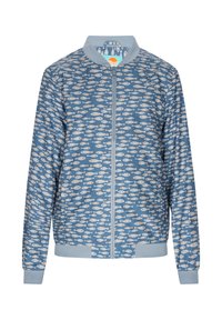 Giacca bomber blu con motivo di pesci in bianco. Realizzata in materiale leggero, presenta una chiusura con zip e polsini e orlo a coste.