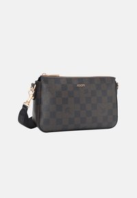 Black and brown checkered handbag made of textured material, featuring a gold zip closure and a detachable strap. Logo displayed on the front.
