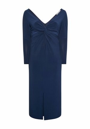 Vestito midi blu navy con maniche lunghe, scollo a V, dettaglio nodo frontale e spacco frontale su sfondo bianco.
