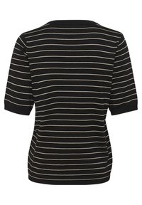 Sort stribet T-shirt med korte ærmer. Har horisontale cremede striber og en rund halsudskæring. Blødt strikket stof med en afslappet pasform.