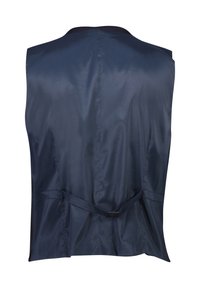 Marineblaues Satinweste mit einem Rückenknotenverschluss und einer eleganten, glatten Textur. Einfaches Design, keine Verzierungen oder Muster.