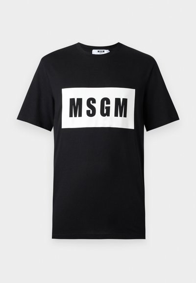 Black cotton t-shirt with short sleeves, featuring a white rectangular logo with "MSGM" in bold black letters across the front.