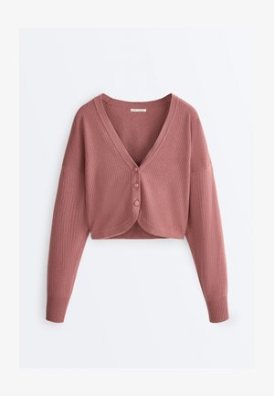 Fialově růžový krátký žebrovaný kardigan s hlubokým výstřihem do V a třemi potaženými knoflíky, s dlouhými rukávy a mírně zakřiveným lemem.