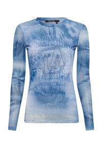 Langarmshirt im blauen Batikmuster mit dem Aufdruck "LOS ANGELES" in weiß. Mit Strass-Akzenten und Rundhalsausschnitt.
