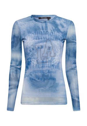 Long-sleeve shirt in blue tie-dye pattern with "LOS ANGELES" printed in white. Features rhinestone accents and a crew neckline.