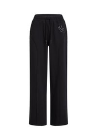 Pantaloni de trening negri cu o croială lejeră, talie elastică, șnur de ajustare și buzunare laterale. Prezintă linii de accent texturate și detalii cu logo.