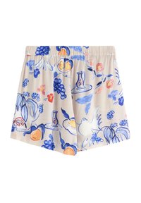 Lyse beige shorts med et blomster- og frugtmønster i blå, pink og orange nuancer; elastisk talje; blød stofstruktur.