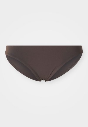 Brown bikini bottom with a smooth, matte texture. Features a low-rise design and gathered detail at the center front.