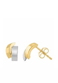 Øreringe i guld- og sølvmetal formet som bøjede halvmåner, med glatte overflader og en bagstift med en dekorativ swirl-detalje.