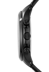 Schwarze analoge Uhr mit einem schlanken, runden Gehäuse, strukturierten Drückern und einem glatten Armband. Das Design betont moderne Schlichtheit und Langlebigkeit.