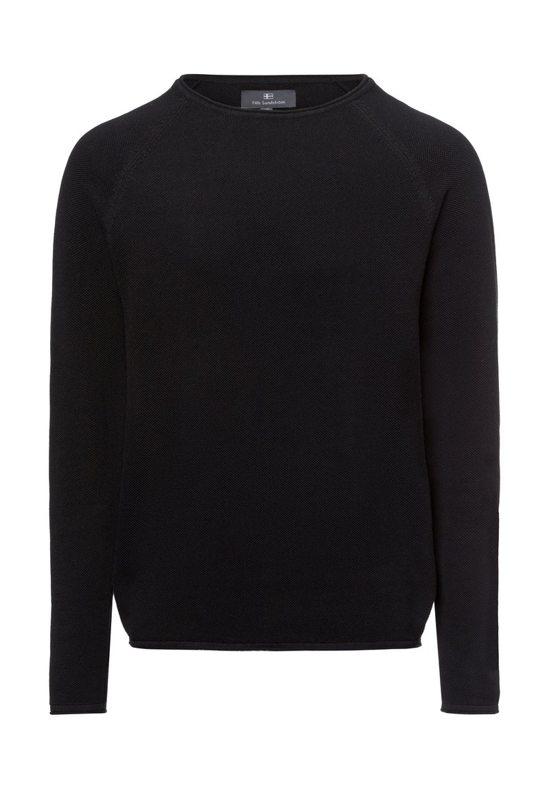 Maglione nero a maniche lunghe con finitura a maglia strutturata, scollo rotondo e maniche raglan. Presenta orli sottili e una vestibilità rilassata.
