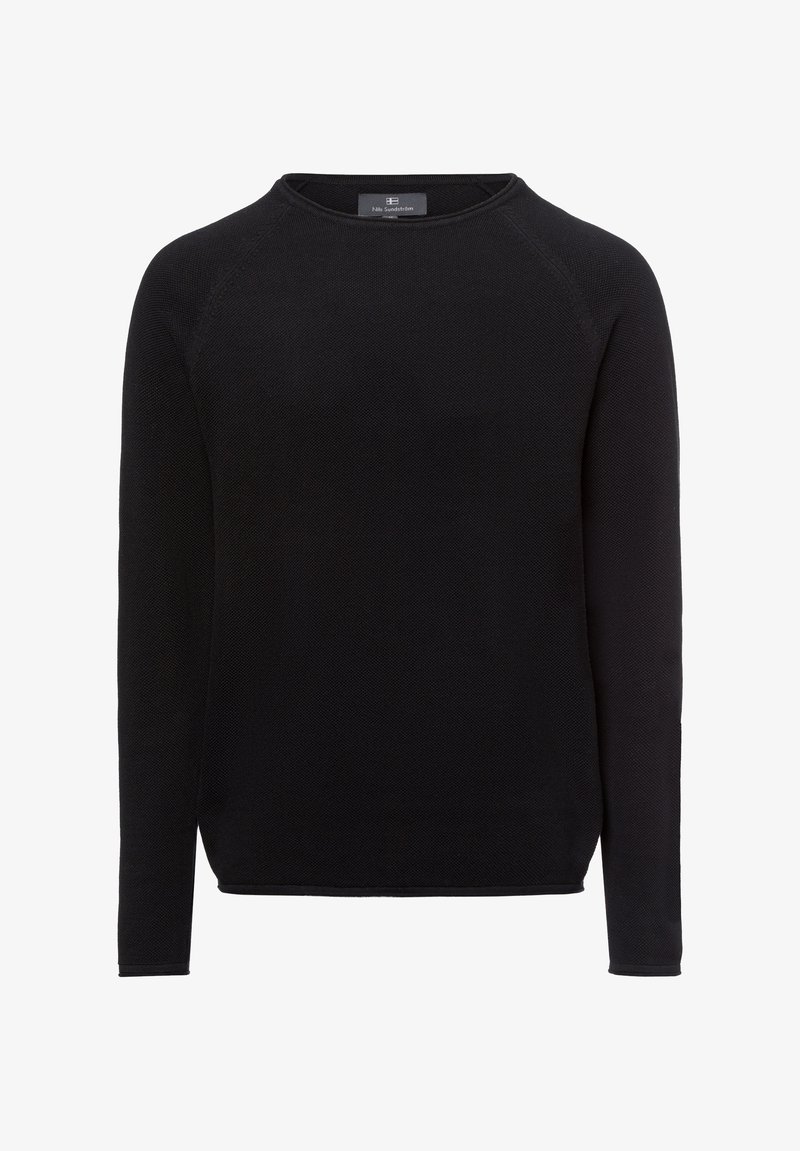 Maglione nero a maniche lunghe con finitura a maglia strutturata, scollo rotondo e maniche raglan. Presenta orli sottili e una vestibilità rilassata.