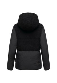Black jacket featuring a textured fleece upper, smooth lower section, and a spacious hood, designed with a modern cut and minimalist accents.
