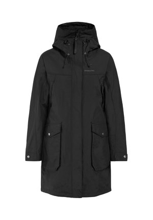 Zwarte waterdichte parka met capuchon, voorzien van twee voorzakken, een ritssluiting en een trekkoord in de taille voor een verstelbare pasvorm.