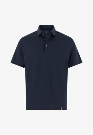 Marineblaues Poloshirt aus glattem Stoff, mit Kragen, dreiknöpfigem Verschluss, kurzen Ärmeln und einer kleinen Logo-Akzentuierung am Saum.