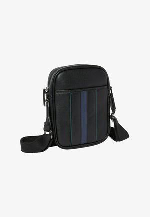 Zwarte leren crossbodytas met een rechthoekige vorm, voorzien van drie verticale strepen in groen, blauw en zwart. Verstelbare riem inbegrepen.