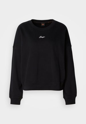 Črn pulover z dolgimi rokavi, okroglim izrezom in rebrastimi manšetami. Na sprednji strani vezen bel napis "BOSS". Mehka tekstura tkanine.