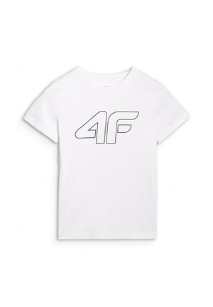 Biała koszulka z krótkim rękawem, okrągłym dekoltem i wyraźnym czarnym konturem logo "4F" nadrukowanym na piersi.
