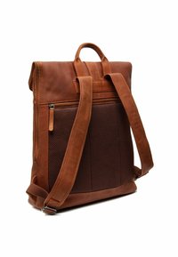 Mochila de cuero marrón con un panel de malla texturizado en marrón oscuro, correas ajustables, asa en la parte superior y un bolsillo con cremallera en el lateral.