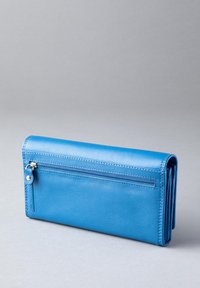 Blue leather wallet with a zippered pocket, rectangular shape, smooth texture, and visible stitching along the edges.