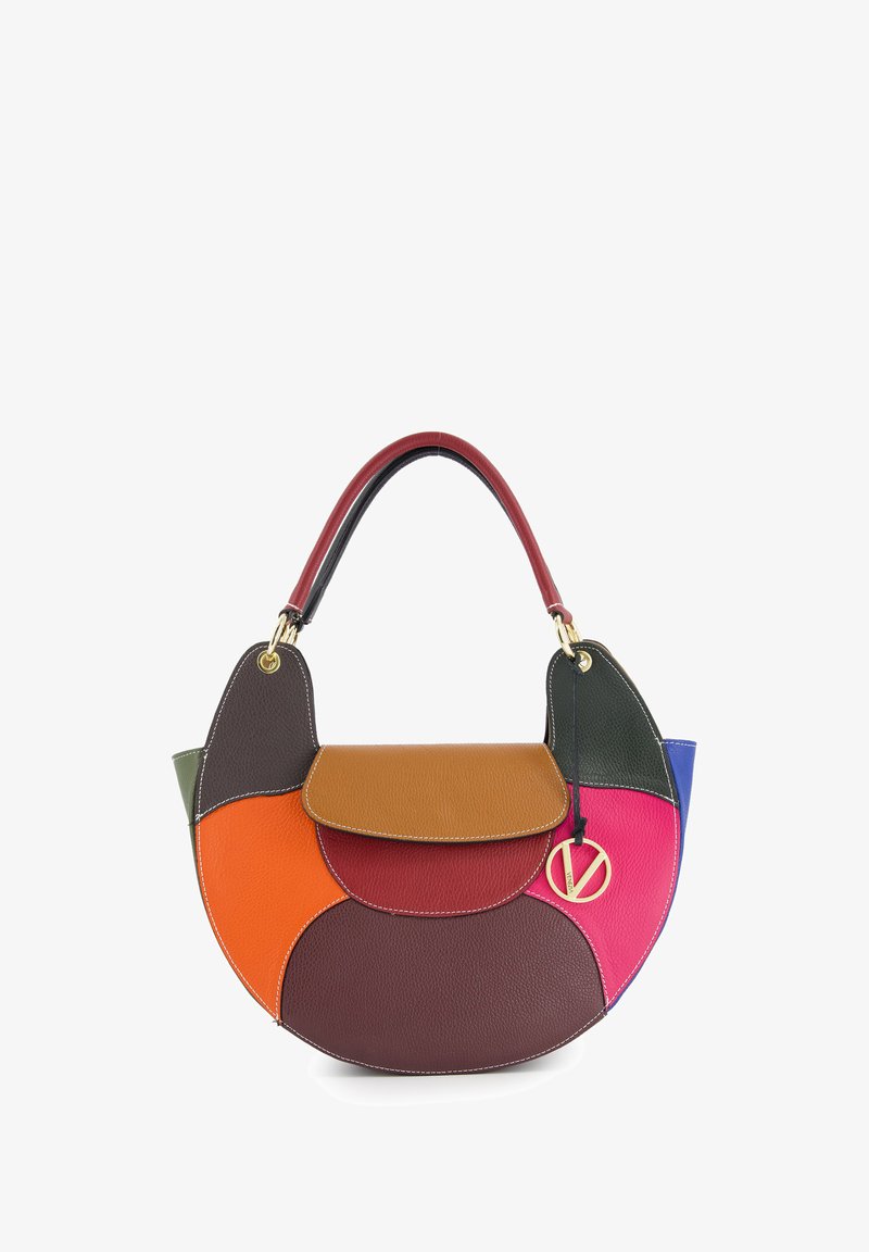 Multikleuren leren handtas met een ronde vorm, voorzien van textuurpatches in bruin, oranje, roze, groen en blauw. Accenten in gouden toon.