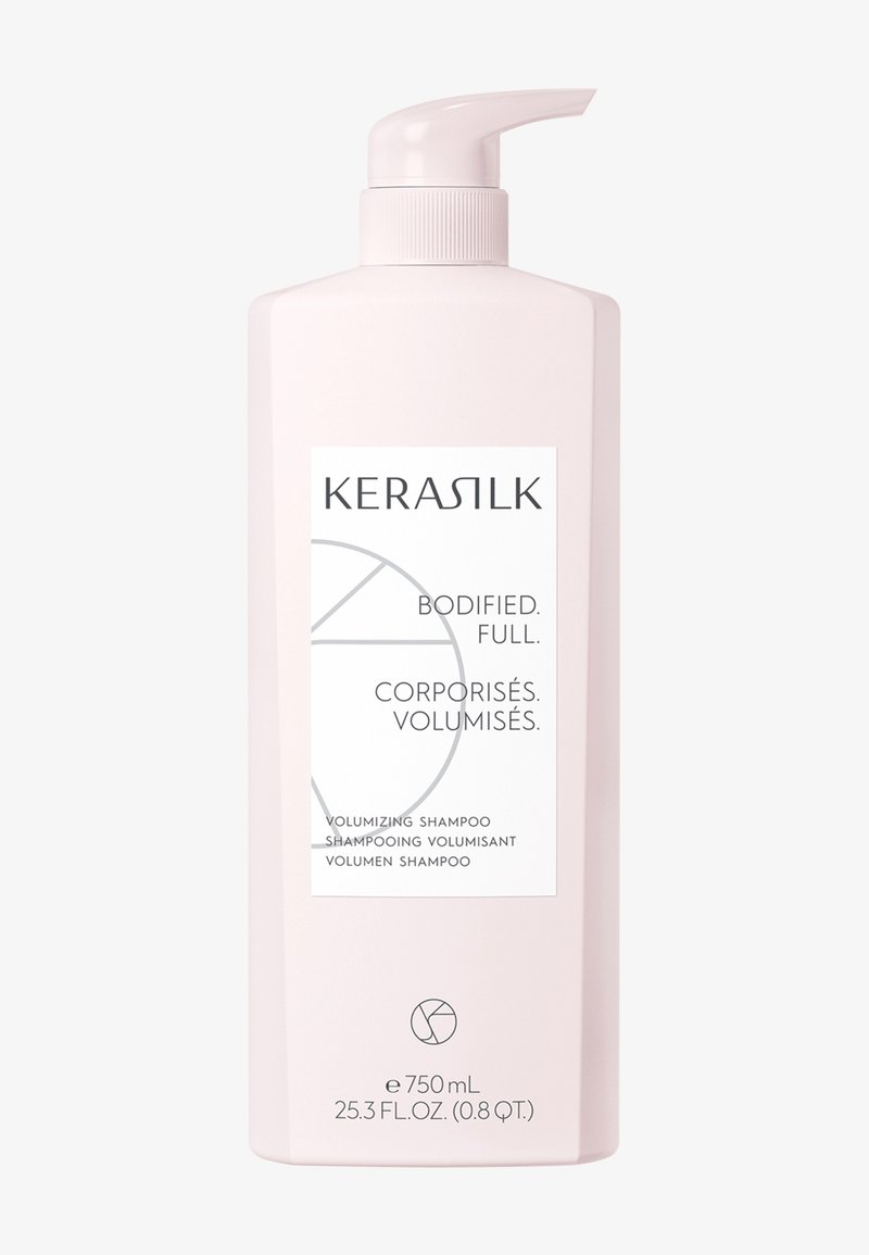 Hellrosa Kerasilk Volumen-Shampoo-Flasche mit Pumpspender, beschriftet mit „Bodified. Full.“ und einem Volumen von 750 ml.