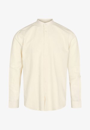 Cremfarbendes Hemd mit Stehkragen, aus Baumwolle gefertigt. Ausgestattet mit langen Ärmeln und einer glatten Textur im klassischen Schnitt. Ohne Muster.