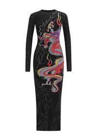 Abito nero a maniche lunghe con un vivace design di drago, dal taglio slim fit, con maniche a motivo serpente e una silhouette che abbraccia il corpo.