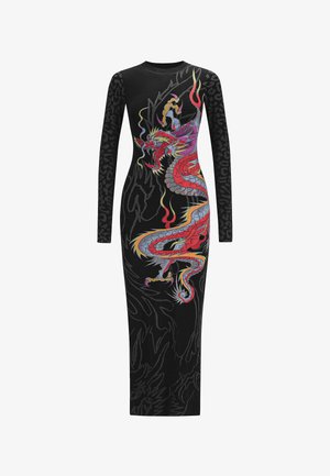 Zwart langemouwig jurkje met een kleurrijk drakenontwerp, slim fit, met slangenhuidpatroon mouwen en een figuurvormende silhouet.