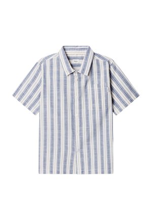 Kurzärmeliges Hemd zum Zumachen mit vertikalen blau-weißen Streifen, spitzem Kragen und einer Brusttasche auf weißem Hintergrund.