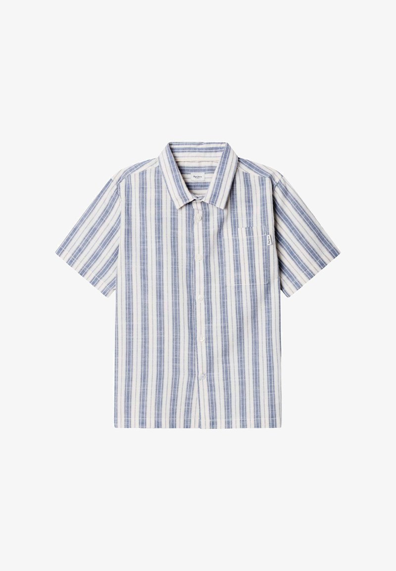 Trumpomis rankovėmis mygtukais užsegama marškinėliai su vertikaliomis mėlynomis ir baltomis juostelėmis, smailiu apykakliu ir priekinė kišene ant krūtinės, baltame fone.