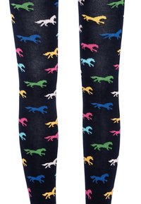Czarne rajstopy z powtarzającym się wzorem kolorowych sylwetek dinozaurów w odcieniach niebieskiego, różowego, żółtego, zielonego i białego. Miękki i elastyczny materiał.