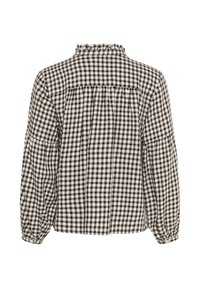 Blusa a quadri marrone e bianca con maniche lunghe a palloncino e colletto rifinito, che mostra un design con schiena arricciata.