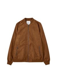 Veste bomber en daim marron avec fermeture éclair frontale, deux poches latérales zippées, poignets et col côtelés.