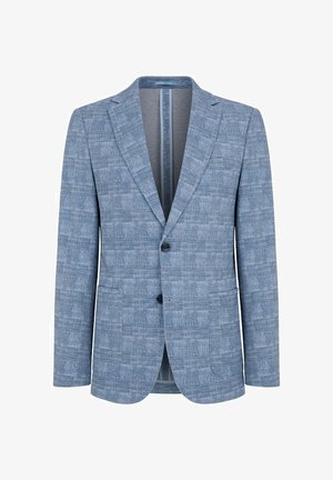 Jasnoniebieska marynarka z teksturowanym wzorem w kratę, z jednolitym zapięciem na guzik, klapami oraz dwiema przednimi kieszeniami. Niezadymiona podszewka.