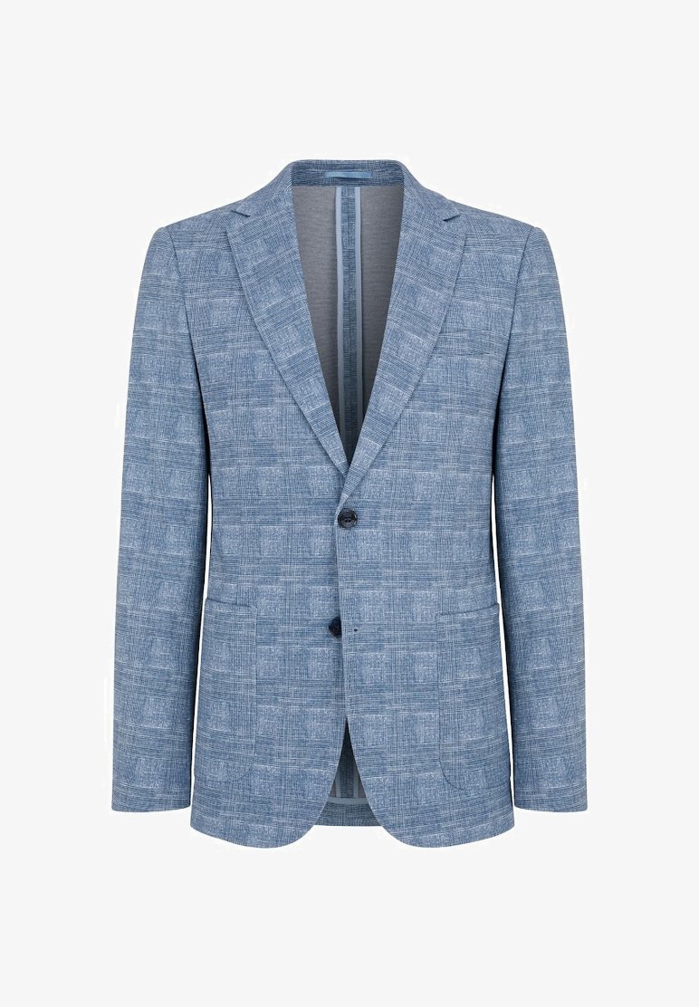 Jasnoniebieska marynarka z teksturowanym wzorem w kratę, z jednolitym zapięciem na guzik, klapami oraz dwiema przednimi kieszeniami. Niezadymiona podszewka.