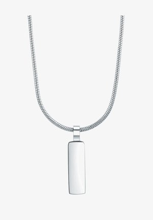 Hõbedane ripatsikett, millel on ristküliku kujuline ripats läikiva pinnaga, kinnitatud õhukesele, painduvale ahelale.