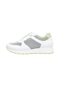 White athletic shoe with mesh upper, green accents, and a textured sole. Features a rounded toe and tonal laces for secure fit.