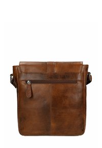 Borsa a tracolla in pelle marrone con pattina pieghevole, tasca frontale con zip e tracolla regolabile. Caratterizzata da una finitura testurizzata e chiusura a pattina.